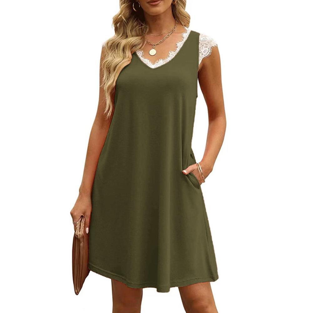 Solid Contrast Lace V Neck Pocket Dress