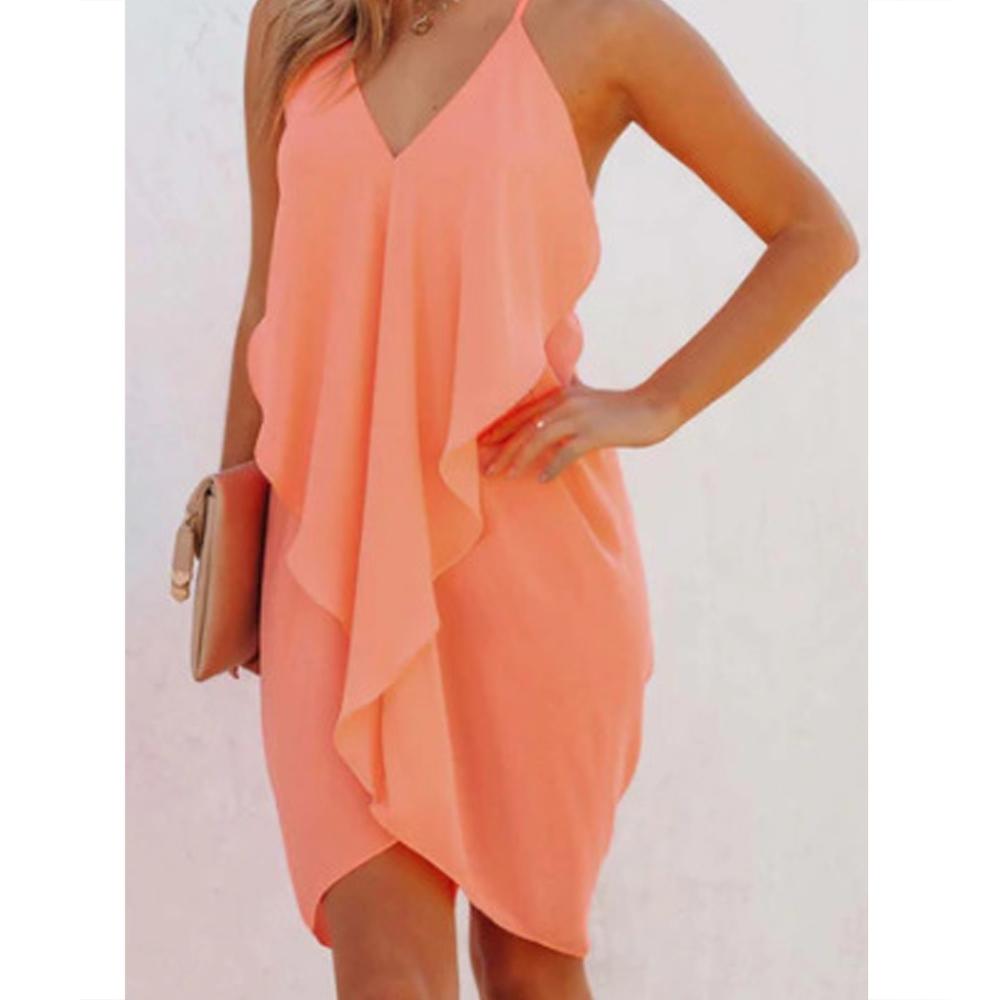 Solid Ruffle Asymmetrical Hem Slip Dress