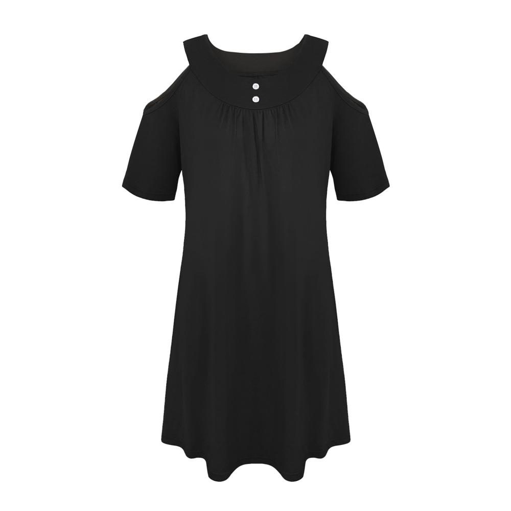 Solid Cold Shoulder Button Detail Short Sleeve A Line Dress