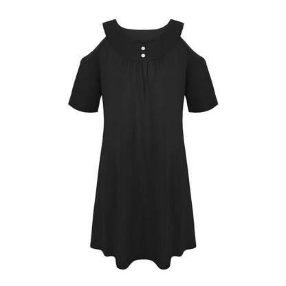 Solid Cold Shoulder Button Detail Short Sleeve A Line Dress