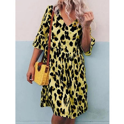 Leopard Print V Neck Flounce Sleeve Smock Dress