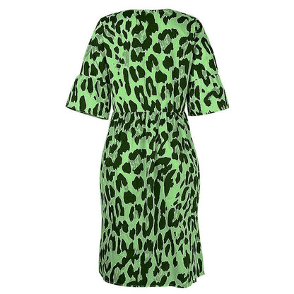 Leopard Print V Neck Flounce Sleeve Smock Dress