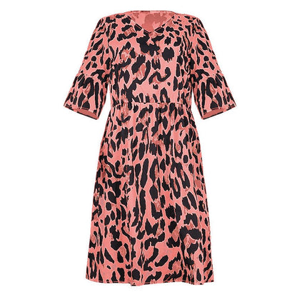 Leopard Print V Neck Flounce Sleeve Smock Dress