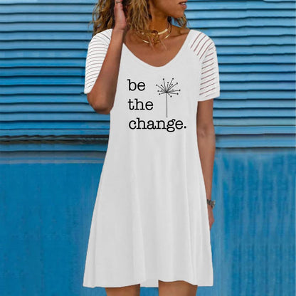 White Round Neck Letter and Graphic Print Short Sleeve Dress