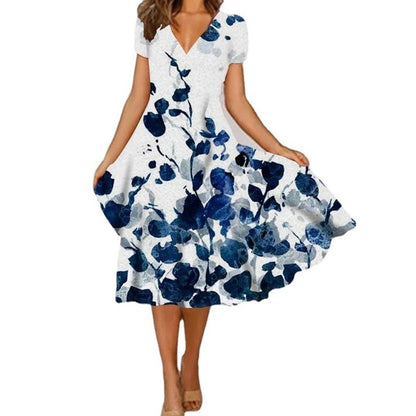 Random Floral Print V Neck Short Sleeve Dress