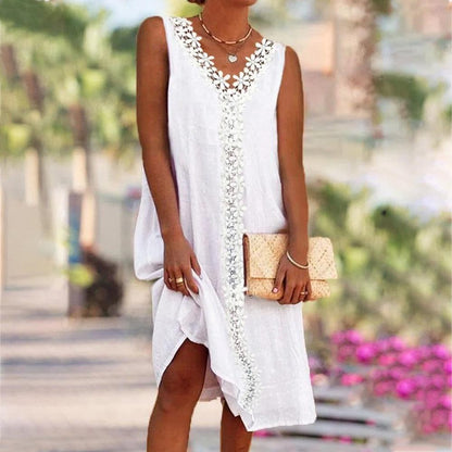 Plain & Heart Print Contrast Guipure Lace V Neck Tank Dress