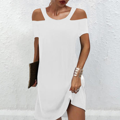 Solid Cold Shoulder Short Sleeve Dress