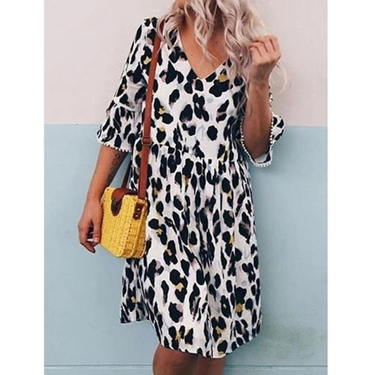 Leopard Print V Neck Flounce Sleeve Smock Dress