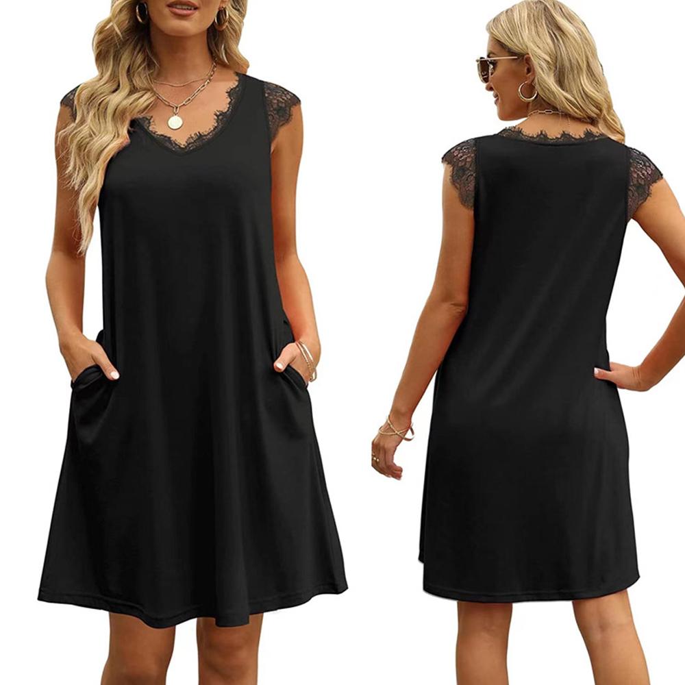 Solid Contrast Lace V Neck Pocket Dress