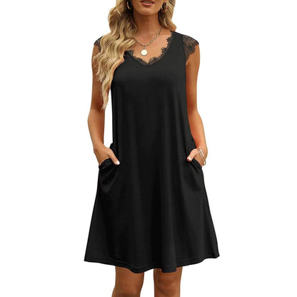 Solid Contrast Lace V Neck Pocket Dress