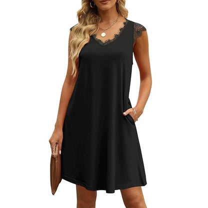 Solid Contrast Lace V Neck Pocket Dress