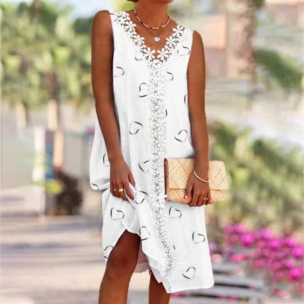 Plain & Heart Print Contrast Guipure Lace V Neck Tank Dress