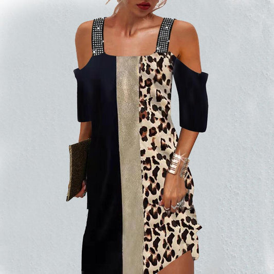 Colorblock Leopard & Geometric Print Cold Shoulder Wide Straps Dress