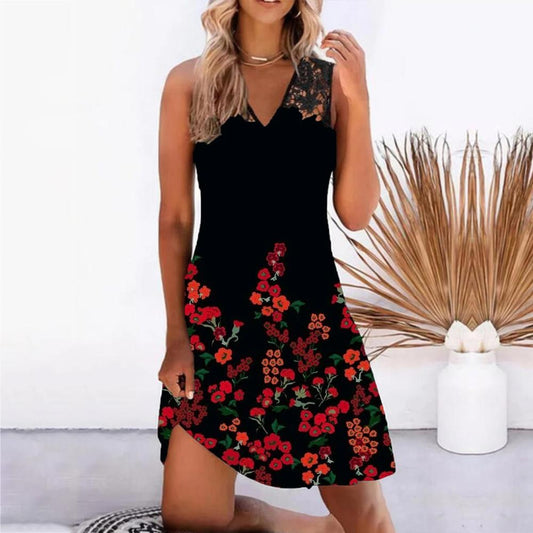 Black Floral Print Lace Patched V Neck Sleeveless Tank Dress