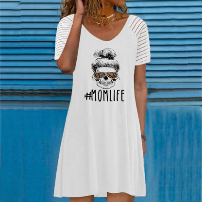 White Round Neck Letter and Graphic Print Short Sleeve Dress