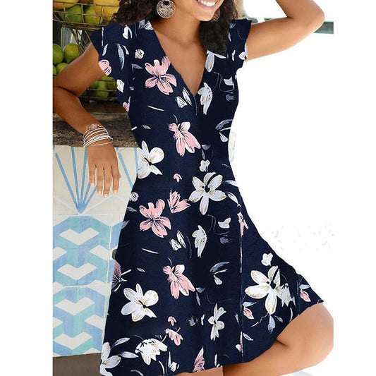 Lily Print V Neck Short Sleeve Dress