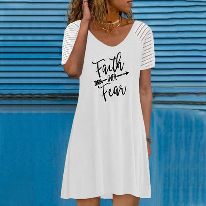 White Round Neck Letter and Graphic Print Short Sleeve Dress