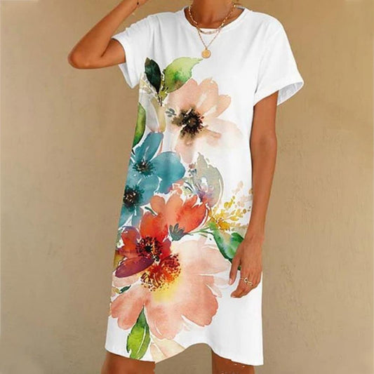 Floral Print Crew Neck Short Sleeve Dress