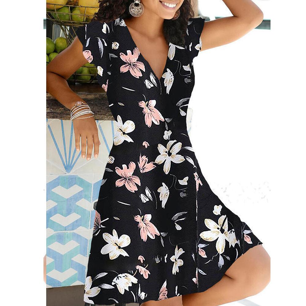 Lily Print V Neck Short Sleeve Dress