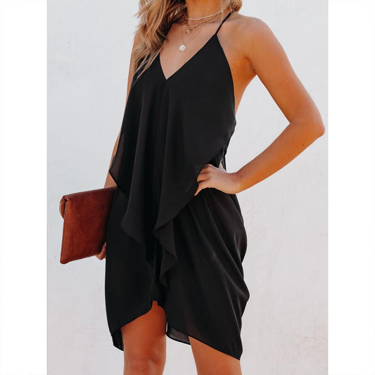 Solid Ruffle Asymmetrical Hem Slip Dress