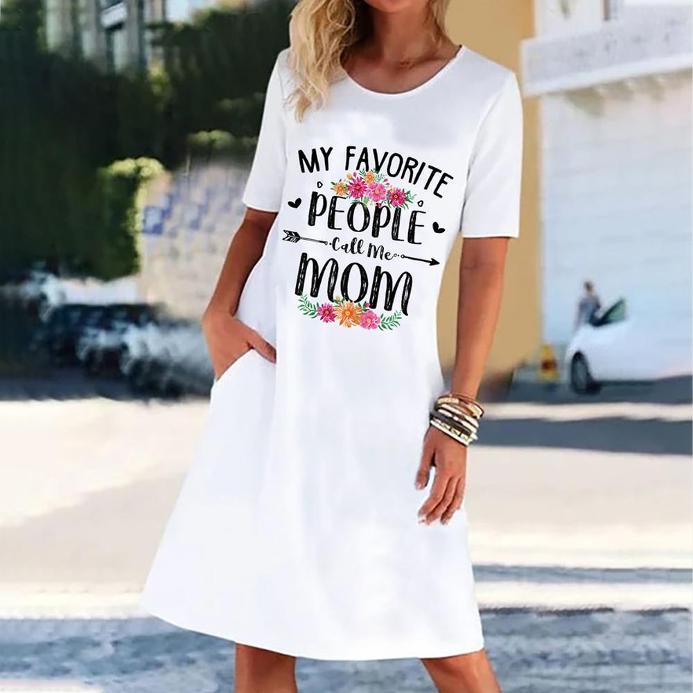 White Round Neck Letter Print Short Sleeve Dress