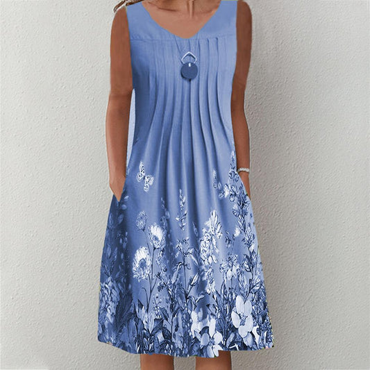 Floral & Butterfly Print Round Neck Sleeveless Tank Dress