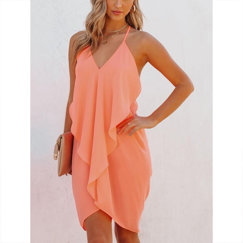 Solid Ruffle Asymmetrical Hem Slip Dress