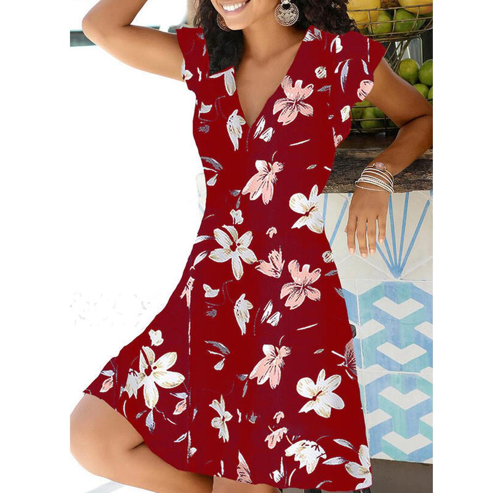 Lily Print V Neck Short Sleeve Dress