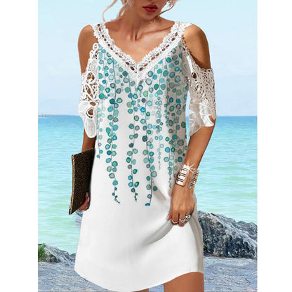 Plant Print Lace Panel V Neck Cold Shoulder A Line Dress