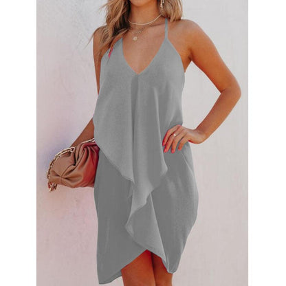 Solid Ruffle Asymmetrical Hem Slip Dress