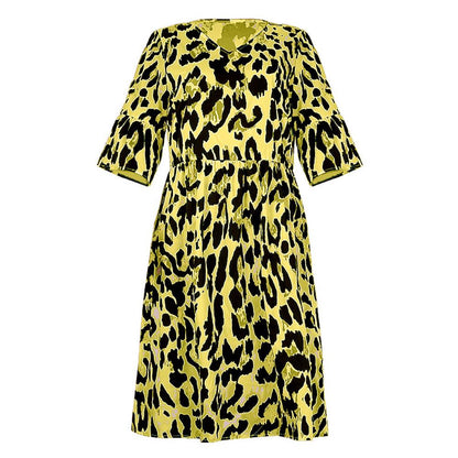 Leopard Print V Neck Flounce Sleeve Smock Dress